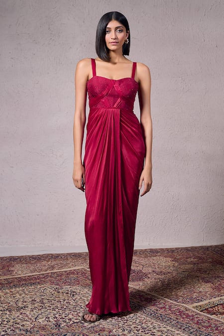 Parshya Red Georgette Satin Hand Embellished Beads Berry Bold Yoke Gown 