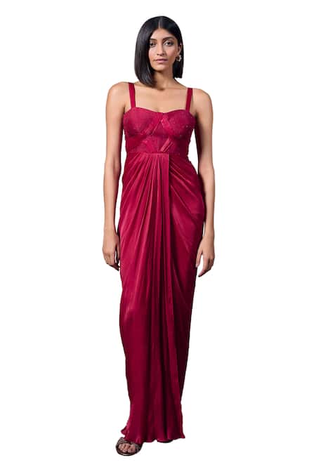 Parshya Red Georgette, Silk Beads Sweetheart Neck Berry Bold Yoke Hand Embellished Gown Online at Aza Fashions Parshya_Red Georgette, Silk Beads Sweetheart Neck Berry Bold Yoke Hand Embellished Gown _Online_at_Aza_Fashions