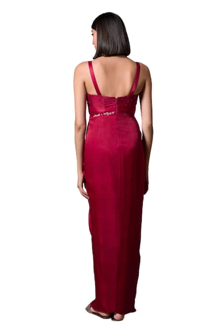 Shop Parshya Red Georgette, Silk Beads Sweetheart Neck Berry Bold Yoke Hand Embellished Gown Online at Aza Fashions Shop_Parshya_Red Georgette, Silk Beads Sweetheart Neck Berry Bold Yoke Hand Embellished Gown _Online_at_Aza_Fashions