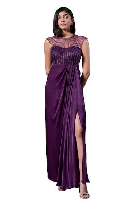 Parshya_Purple Georgette, Satin Sequins Cadbury Sweet Love Yoke Embroidered Draped Gown _Online_at_Aza_Fashions