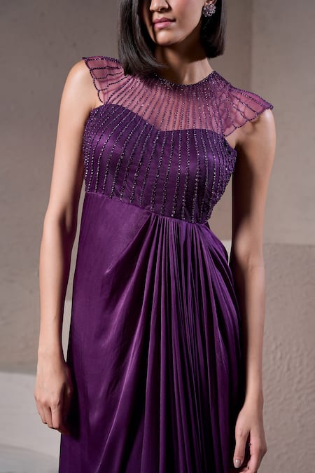 Buy_Parshya_Purple Georgette, Satin Sequins Cadbury Sweet Love Yoke Embroidered Draped Gown _Online_at_Aza_Fashions