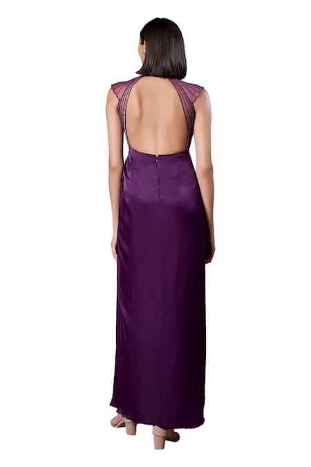 Shop_Parshya_Purple Georgette, Satin Sequins Cadbury Sweet Love Yoke Embroidered Draped Gown _Online_at_Aza_Fashions