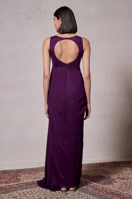 Shop_Parshya_Purple Crepe, Georgette Cut Work Round Neck Cadbury Silk Embellished Gown _at_Aza_Fashions
