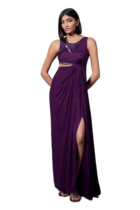 Parshya_Purple Crepe, Georgette Cut Work Round Neck Cadbury Silk Embellished Gown _Online_at_Aza_Fashions