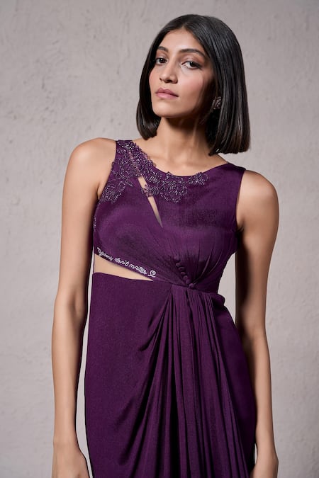Buy_Parshya_Purple Crepe, Georgette Cut Work Round Neck Cadbury Silk Embellished Gown _Online_at_Aza_Fashions