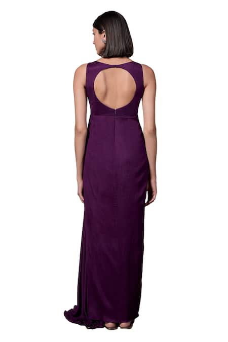 Parshya_Purple Crepe, Georgette Cut Work Round Neck Cadbury Silk Embellished Gown _at_Aza_Fashions