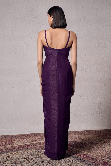 Shop_Parshya_Purple Silk, Satin Cowl Neck Cadbury Pleated Draped Gown _at_Aza_Fashions