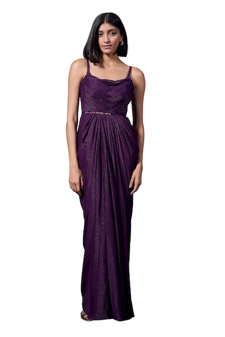 Parshya_Purple Silk, Satin Cowl Neck Cadbury Pleated Draped Gown _Online_at_Aza_Fashions