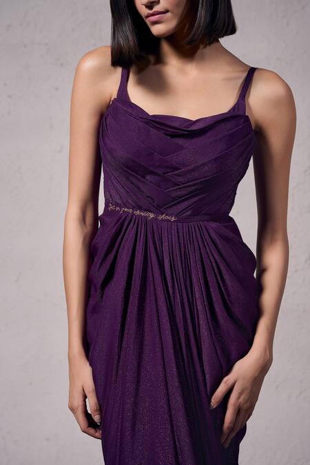 Buy_Parshya_Purple Silk, Satin Cowl Neck Cadbury Pleated Draped Gown _Online_at_Aza_Fashions