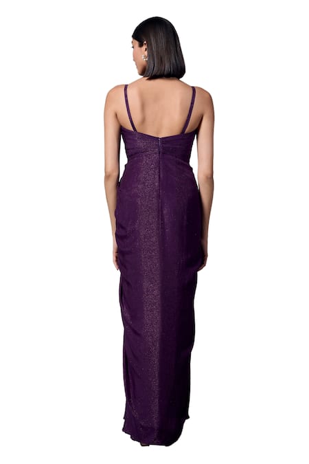 Shop_Parshya_Purple Silk, Satin Cowl Neck Cadbury Pleated Draped Gown _Online_at_Aza_Fashions