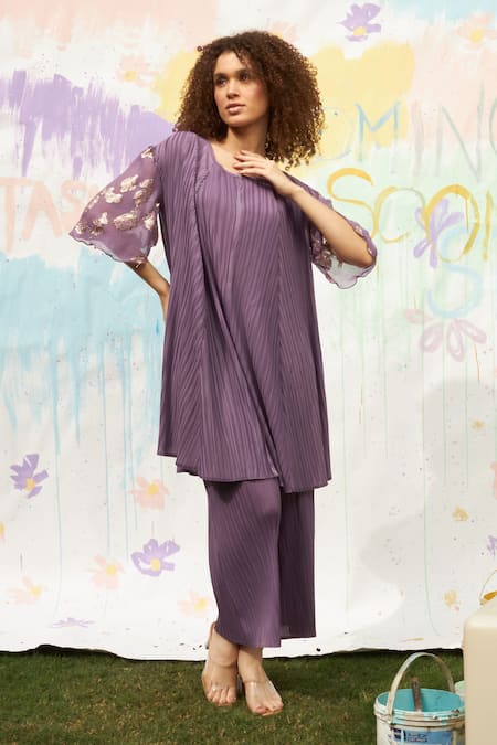 Tasuvure Purple Pleated Cara Metallic Sleeve Embroidered Top And Pant Set 