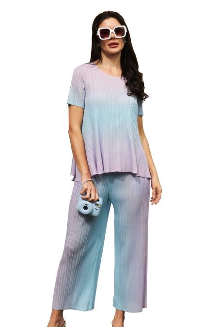 Tasuvure_Blue Polyester Open Neck Shirley Sleek Ombre Pleated Top And Flared Pant Set _Online_at_Aza_Fashions