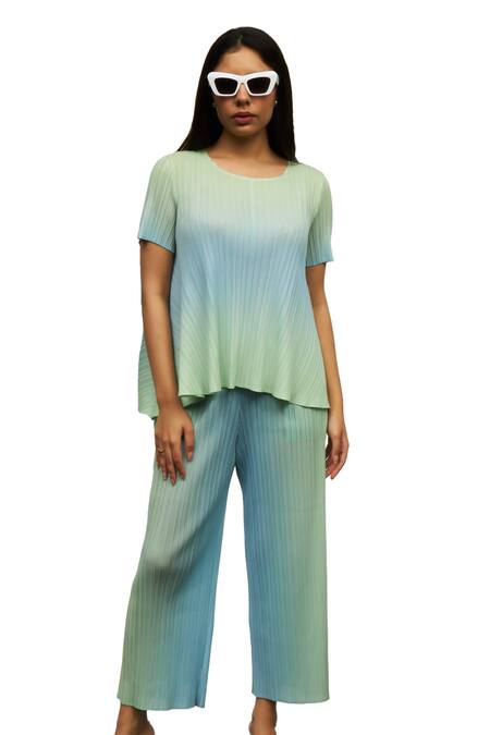 Buy_Tasuvure_Green Polyester Round Neck Shirley Sleek Pleated Ombre Top And Flared Pant Set _Online_at_Aza_Fashions