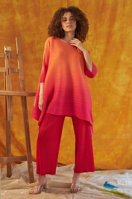 Tasuvure Red Pleated Polyester Round Chic Fringe Ombre Top And Pant Set  