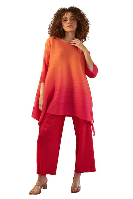 Buy_Tasuvure_Red Polyester Open Neck Chic Fringe Ombre Top And Pant Set _Online_at_Aza_Fashions