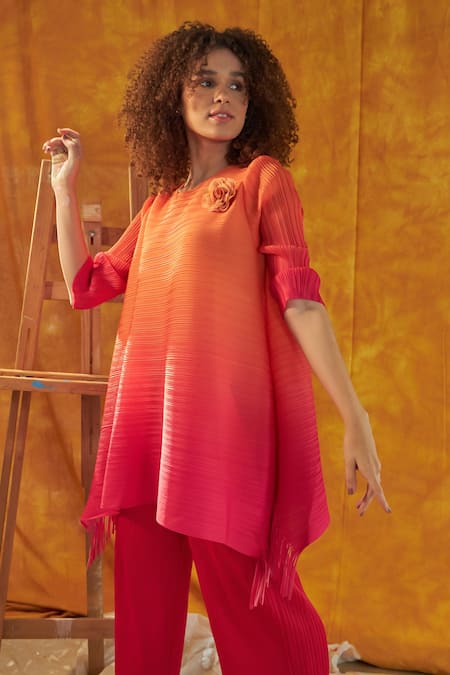 Shop_Tasuvure_Red Polyester Open Neck Chic Fringe Ombre Top And Pant Set _Online_at_Aza_Fashions