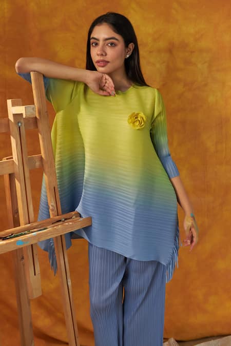 Buy_Tasuvure_Blue Polyester Applique Round Neck Chic Fringe Ombre Top And Pant Set _Online_at_Aza_Fashions