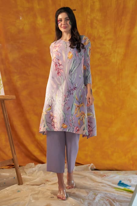 Tasuvure Purple Pleated Polyester Printed Paisley Floral Round Laylon Tunic And Pant Set 