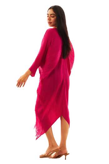 Tasuvure_Red Polyester Fringe V-neck Tutti Tassel Embellished Dress_Online_at_Aza_Fashions