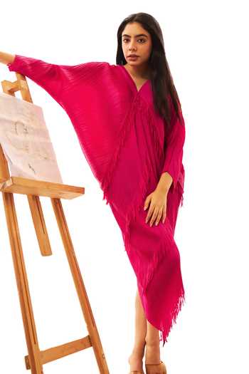 Buy_Tasuvure_Red Polyester Fringe V-neck Tutti Tassel Embellished Dress_Online_at_Aza_Fashions