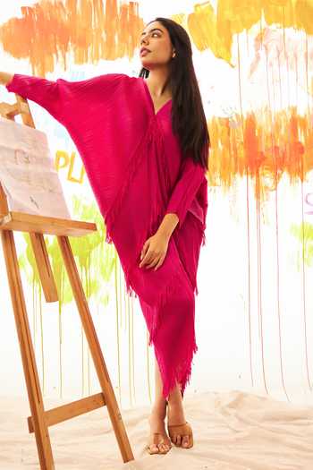 Shop_Tasuvure_Red Polyester Fringe V-neck Tutti Tassel Embellished Dress_Online_at_Aza_Fashions