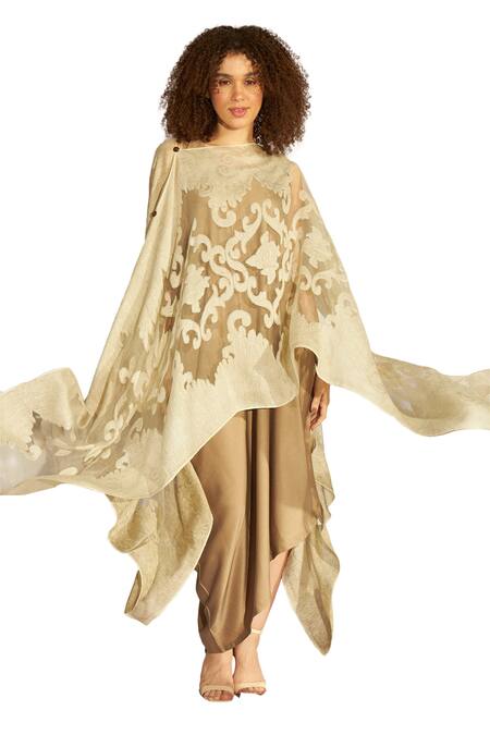 Tasuvure Indes_Green Organza, Satin, Silk Asymmetric Mandala Pattern Cape With Dress_Online_at_Aza_Fashions