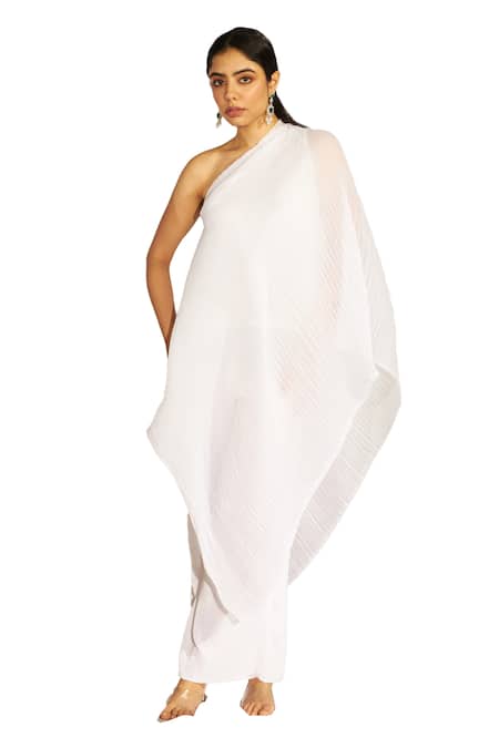 Tasuvure Indes_White Georgette Asymmetric Neck Cape And Pant Set_Online_at_Aza_Fashions