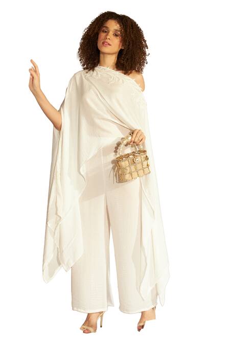 Tasuvure Indes White Brocade, Silk Sequins Placement Embroidered Cape With Pant Online at Aza Fashions Tasuvure Indes_White Brocade, Silk Sequins Placement Embroidered Cape With Pant _Online_at_Aza_Fashions