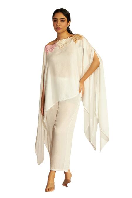 Tasuvure Indes_White Brocade, Silk Sequins Placement Embroidered Cape With Pant _Online_at_Aza_Fashions