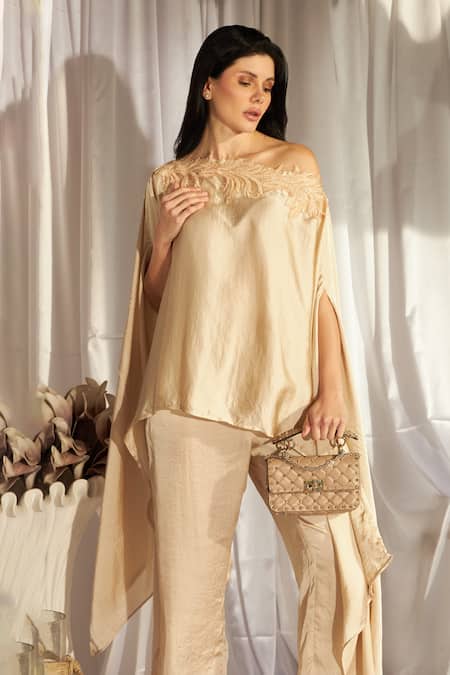 Buy Tasuvure Indes Gold Brocade, Silk Placement Leaf Embroidered Cape With Pant Online at Aza Fashions Buy_Tasuvure Indes_Gold Brocade, Silk Placement Leaf Embroidered Cape With Pant _Online_at_Aza_Fashions