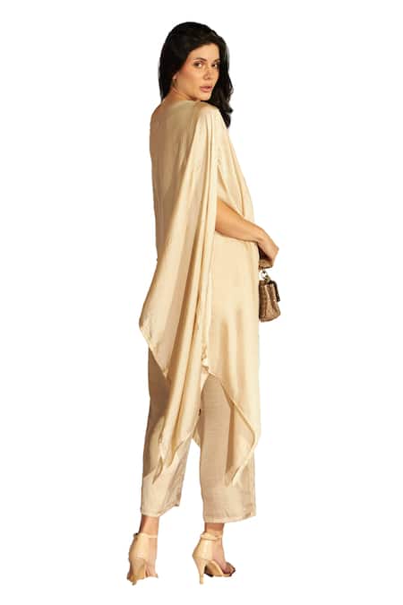 Shop Tasuvure Indes Gold Brocade, Silk Placement Leaf Embroidered Cape With Pant Online at Aza Fashions Shop_Tasuvure Indes_Gold Brocade, Silk Placement Leaf Embroidered Cape With Pant _Online_at_Aza_Fashions