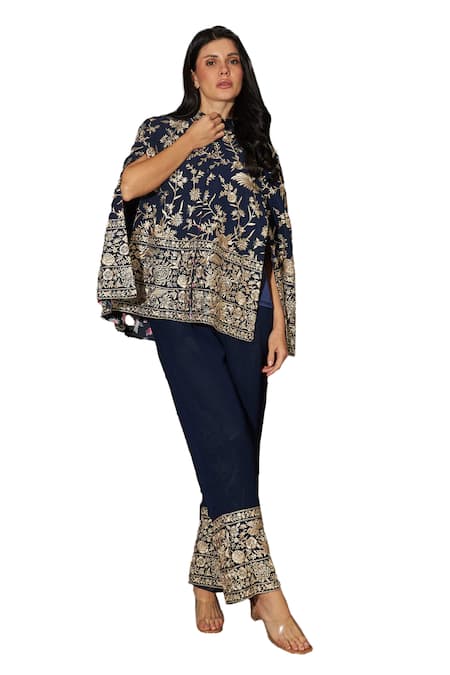 Tasuvure Indes_Blue Satin, Georgette Embroidery Reyna Gara Cape Jacket With Pant _Online_at_Aza_Fashions