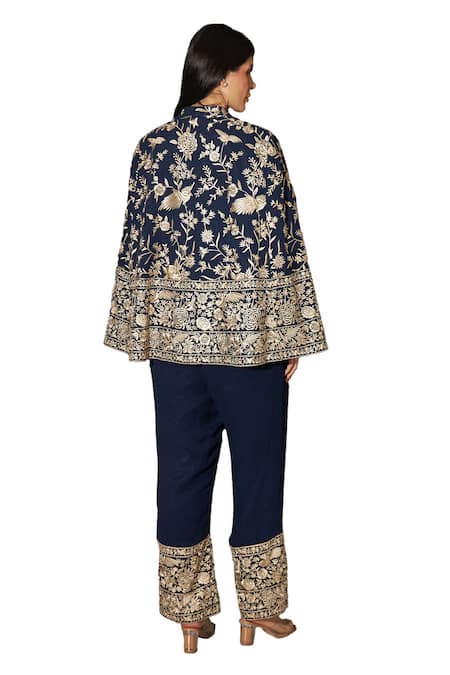Shop_Tasuvure Indes_Blue Satin, Georgette Embroidery Reyna Gara Cape Jacket With Pant _Online_at_Aza_Fashions
