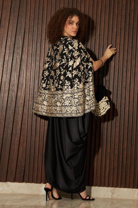 Shop Tasuvure Indes Black Satin, Georgette, Silk Embroidery Reyna Gara Cape Jacket With Dress at Aza Fashions Shop_Tasuvure Indes_Black Satin, Georgette, Silk Embroidery Reyna Gara Cape Jacket With Dress _at_Aza_Fashions