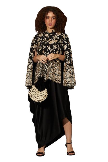 Tasuvure Indes Black Satin, Georgette, Silk Embroidery Reyna Gara Cape Jacket With Dress Online at Aza Fashions Tasuvure Indes_Black Satin, Georgette, Silk Embroidery Reyna Gara Cape Jacket With Dress _Online_at_Aza_Fashions