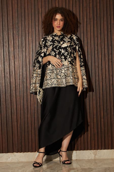 Buy Tasuvure Indes Black Satin, Georgette, Silk Embroidery Reyna Gara Cape Jacket With Dress Online at Aza Fashions Buy_Tasuvure Indes_Black Satin, Georgette, Silk Embroidery Reyna Gara Cape Jacket With Dress _Online_at_Aza_Fashions