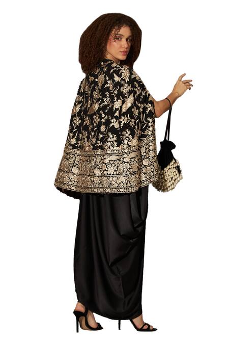 Tasuvure Indes Black Satin, Georgette, Silk Embroidery Reyna Gara Cape Jacket With Dress at Aza Fashions Tasuvure Indes_Black Satin, Georgette, Silk Embroidery Reyna Gara Cape Jacket With Dress _at_Aza_Fashions