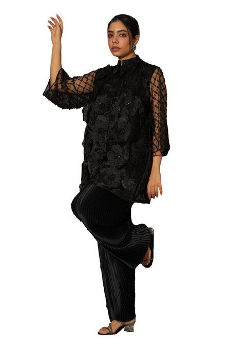 Buy Tasuvure Indes Black Net, Polyester Embroidery Fragrant Floral Applique Tunic With Pant Online at Aza Fashions Buy_Tasuvure Indes_Black Net, Polyester Embroidery Fragrant Floral Applique Tunic With Pant _Online_at_Aza_Fashions