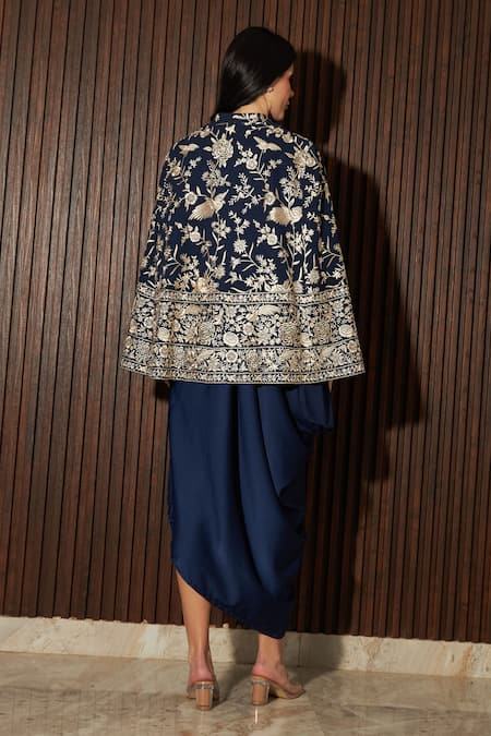 Shop Tasuvure Indes Blue Satin, Silk, Georgette Embroidery Collared Reyna Cape Jacket With Dress at Aza Fashions Shop_Tasuvure Indes_Blue Satin, Silk, Georgette Embroidery Collared Reyna Cape Jacket With Dress _at_Aza_Fashions