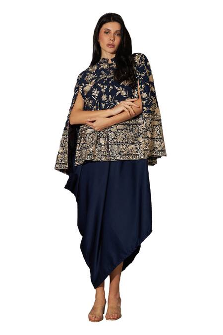 Tasuvure Indes Blue Satin, Silk, Georgette Embroidery Collared Reyna Cape Jacket With Dress Online at Aza Fashions Tasuvure Indes_Blue Satin, Silk, Georgette Embroidery Collared Reyna Cape Jacket With Dress _Online_at_Aza_Fashions
