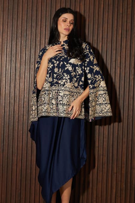 Buy Tasuvure Indes Blue Satin, Silk, Georgette Embroidery Collared Reyna Cape Jacket With Dress Online at Aza Fashions Buy_Tasuvure Indes_Blue Satin, Silk, Georgette Embroidery Collared Reyna Cape Jacket With Dress _Online_at_Aza_Fashions