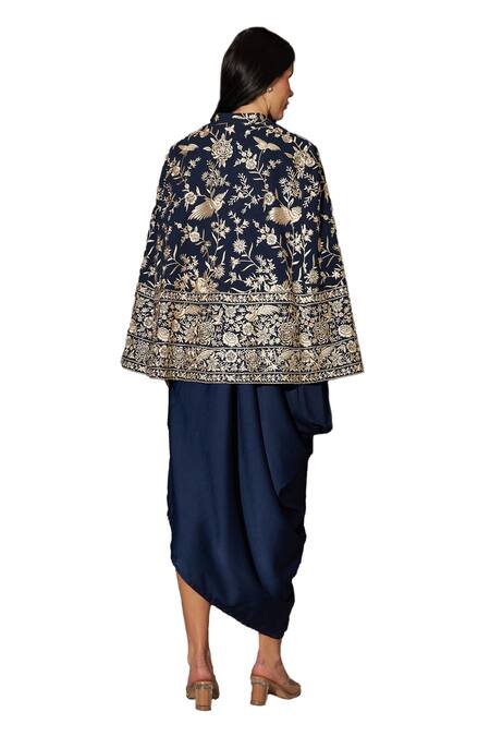 Shop Tasuvure Indes Blue Satin, Silk, Georgette Embroidery Collared Reyna Cape Jacket With Dress Online at Aza Fashions Shop_Tasuvure Indes_Blue Satin, Silk, Georgette Embroidery Collared Reyna Cape Jacket With Dress _Online_at_Aza_Fashions