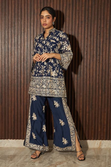 Tasuvure Indes Blue Georgette Embroidery Floral Stand Collar Bloom Tunic With Pant 