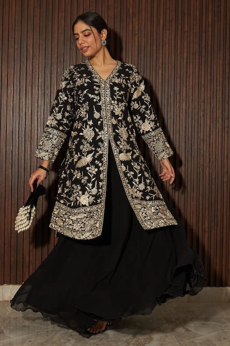 Shop Tasuvure Indes Black Satin, Georgette Embroidery V-neck Floral Gara Tunic With Skirt at Aza Fashions Shop_Tasuvure Indes_Black Satin, Georgette Embroidery V-neck Floral Gara Tunic With Skirt _at_Aza_Fashions