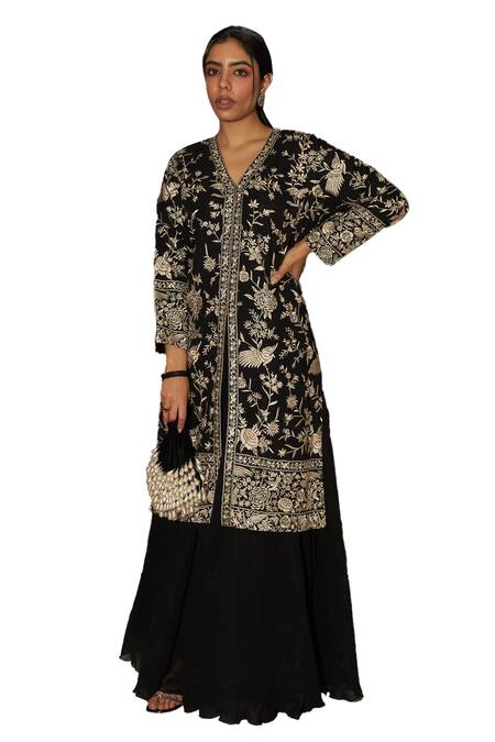 Tasuvure Indes Black Satin, Georgette Embroidery V-neck Floral Gara Tunic With Skirt Online at Aza Fashions Tasuvure Indes_Black Satin, Georgette Embroidery V-neck Floral Gara Tunic With Skirt _Online_at_Aza_Fashions