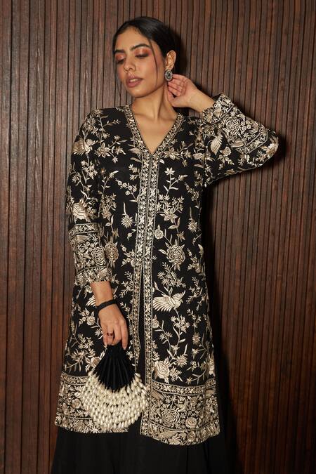 Buy Tasuvure Indes Black Satin, Georgette Embroidery V-neck Floral Gara Tunic With Skirt Online at Aza Fashions Buy_Tasuvure Indes_Black Satin, Georgette Embroidery V-neck Floral Gara Tunic With Skirt _Online_at_Aza_Fashions