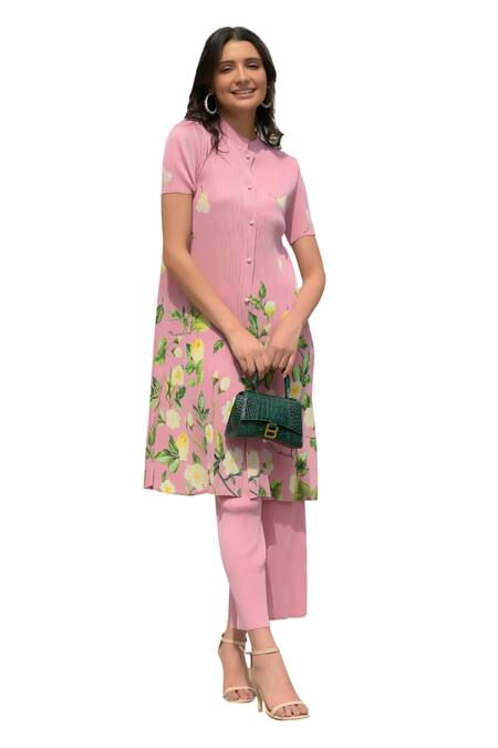Shop_Tasuvure_Pink Polyester Mandarin Collar Fable Floral Dream Print Shirt Tunic With Pant_Online_at_Aza_Fashions