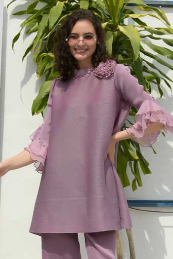Tasuvure_Purple Polyester Pearls Round Patricia Rosette And Embellished Tunic With Pant_Online_at_Aza_Fashions