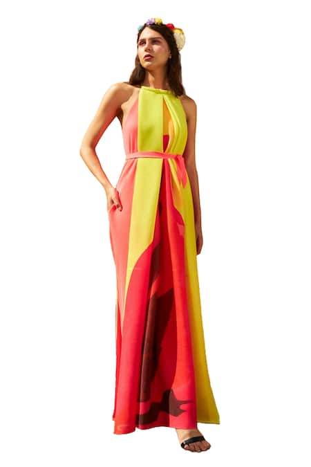 Tasuvure_Yellow Polyester Halter Neck Finella Colorblocked Cape Maxi Dress _Online_at_Aza_Fashions