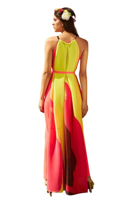 Shop_Tasuvure_Yellow Polyester Halter Neck Finella Colorblocked Cape Maxi Dress _Online_at_Aza_Fashions